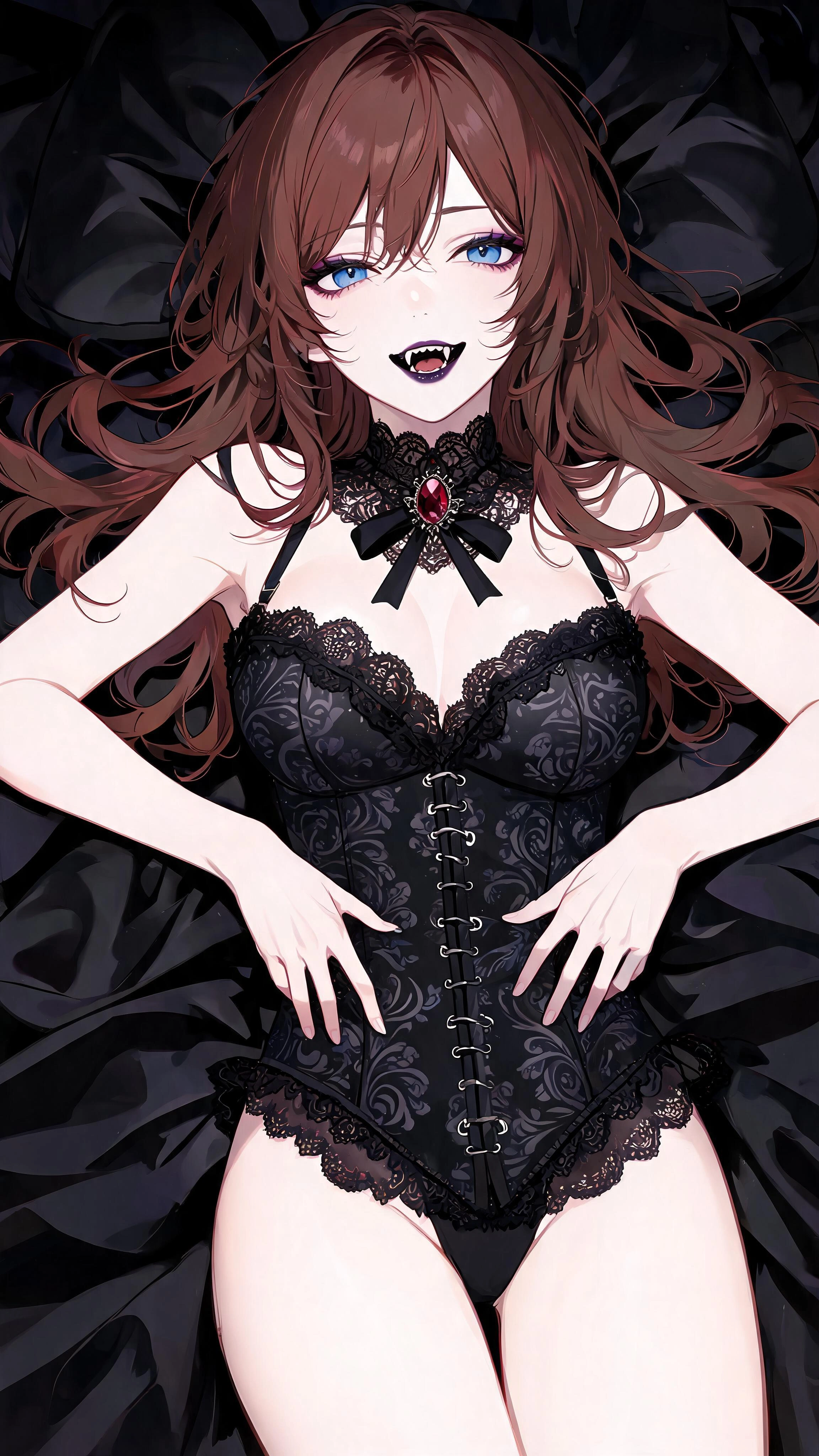 A full length modern anime style, bold clean outlines, cel shading, detailed image from directly above of a stunningly beautiful and busty young brunette model with porcelain skin, blue eyes, delicate