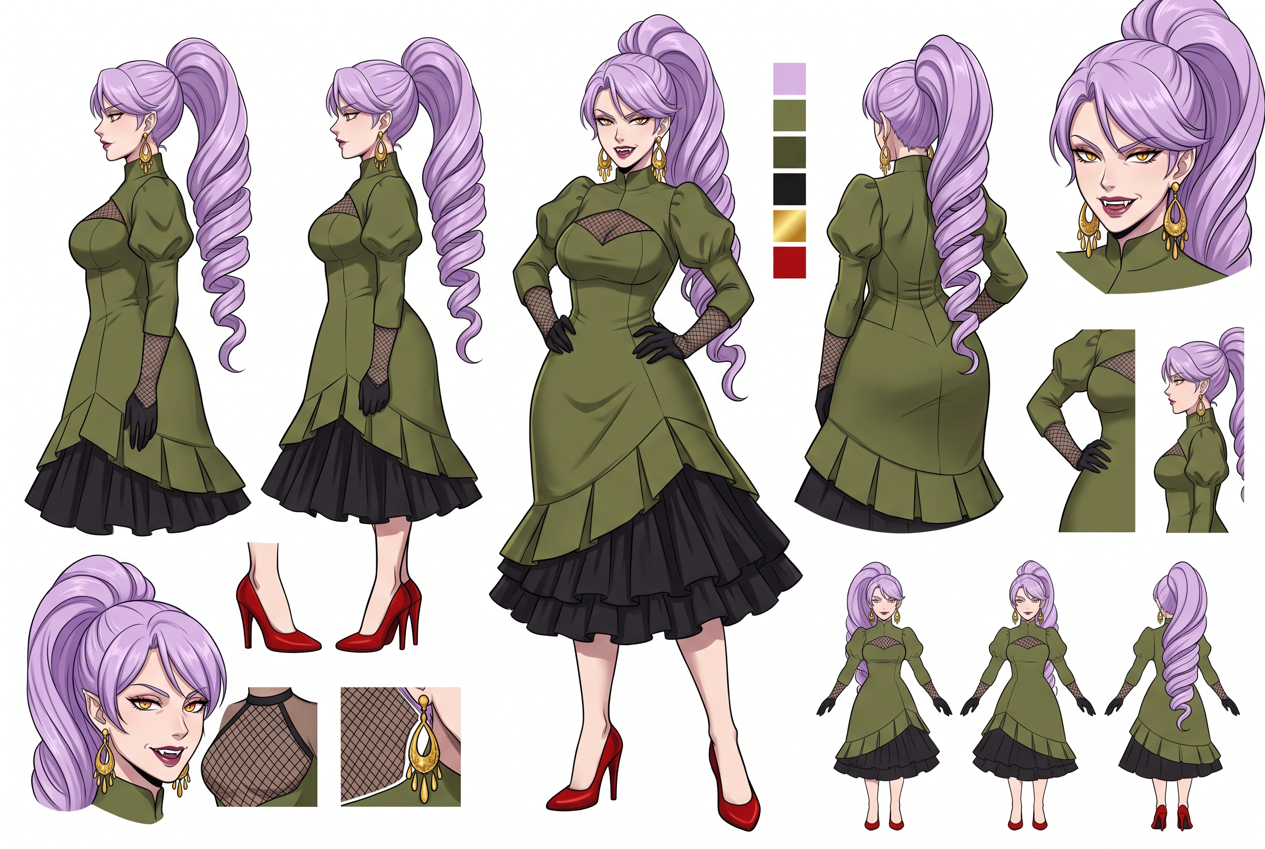 1girl, solo, mature_female, fangs, pointy_canines, tall_female, slender, hourglass_figure, large_breasts, narrow_waist, wide_hips, amber_eyes, sharp_eyes, lavender_hair, light_purple_hair, long_hair, 