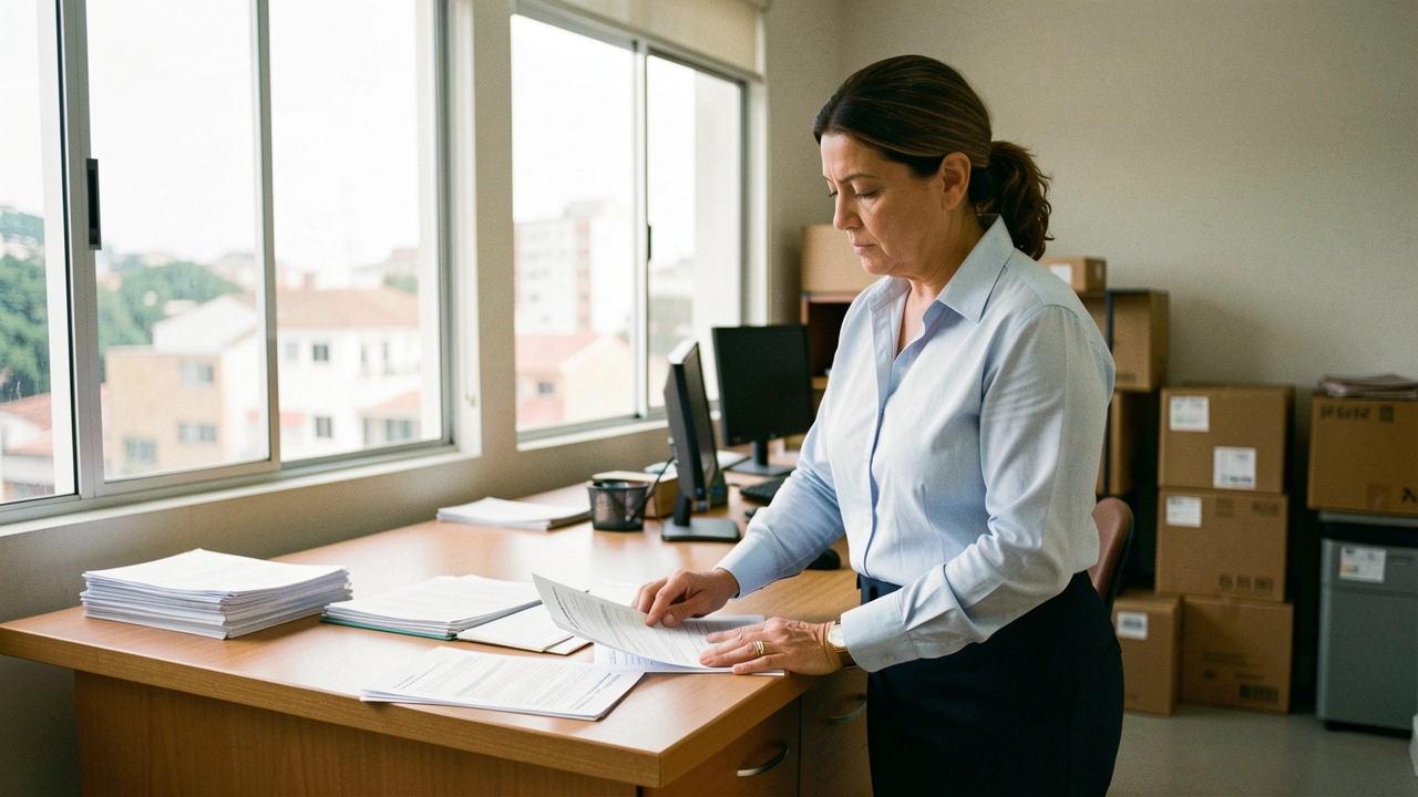 Sócia e gerente financeira de PME analisa extratos e faturas em sua mesa de escritório.