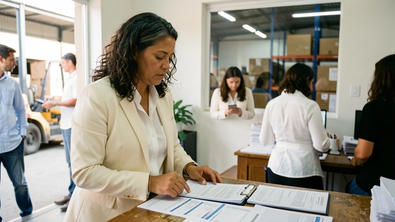 Empresário analisa relatório financeiro em escritório com vista para área operacional.