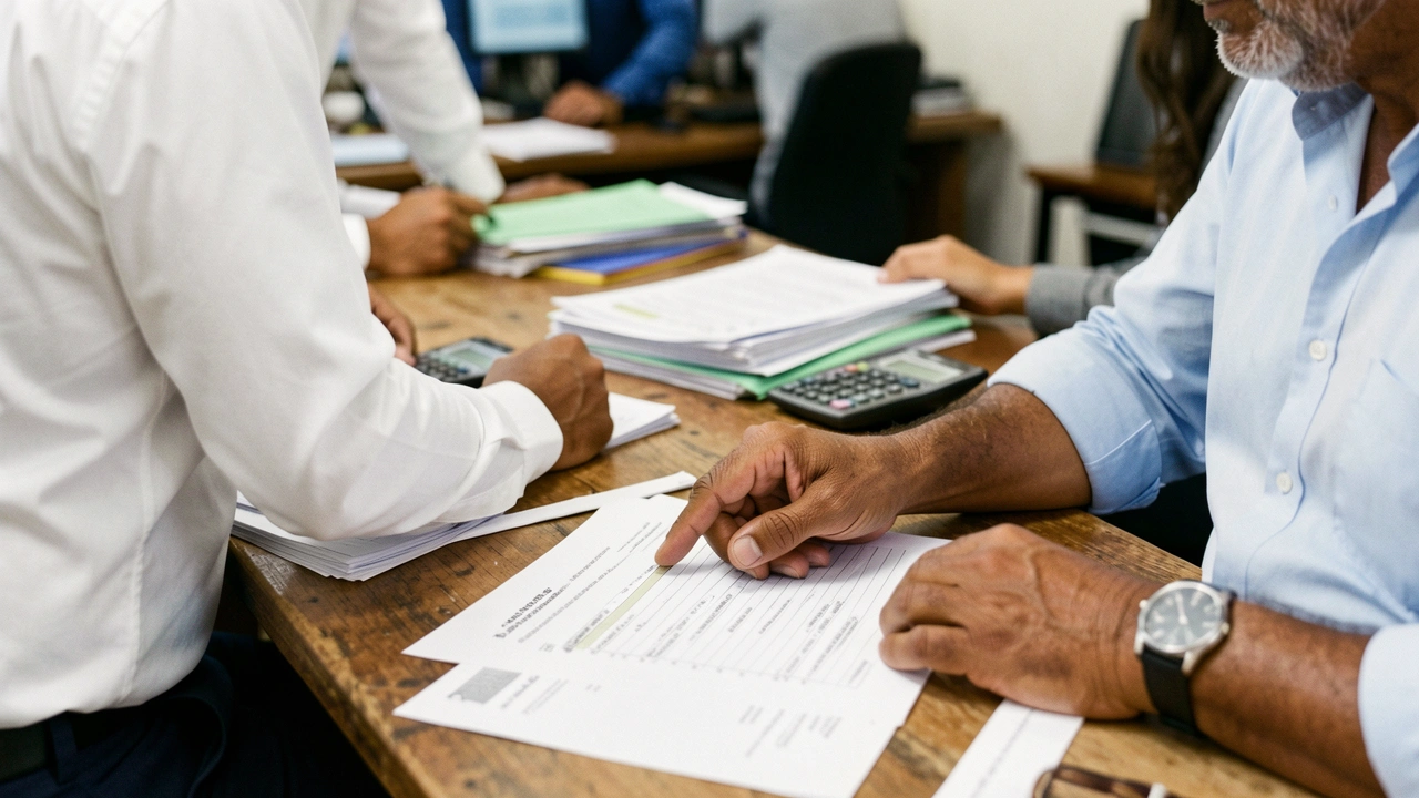 Mãos de empresário apontam para detalhe em relatório financeiro.