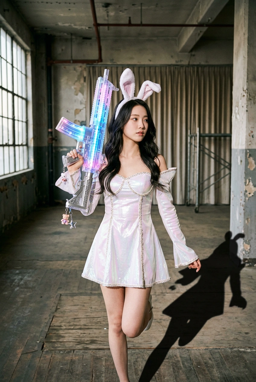A fashion photograph of a stunning young Korean kpop idol with porcelain skin, delicate features, and long dark hair styled in gentle waves. She is wearing white bunny ears along with an opalescent wh