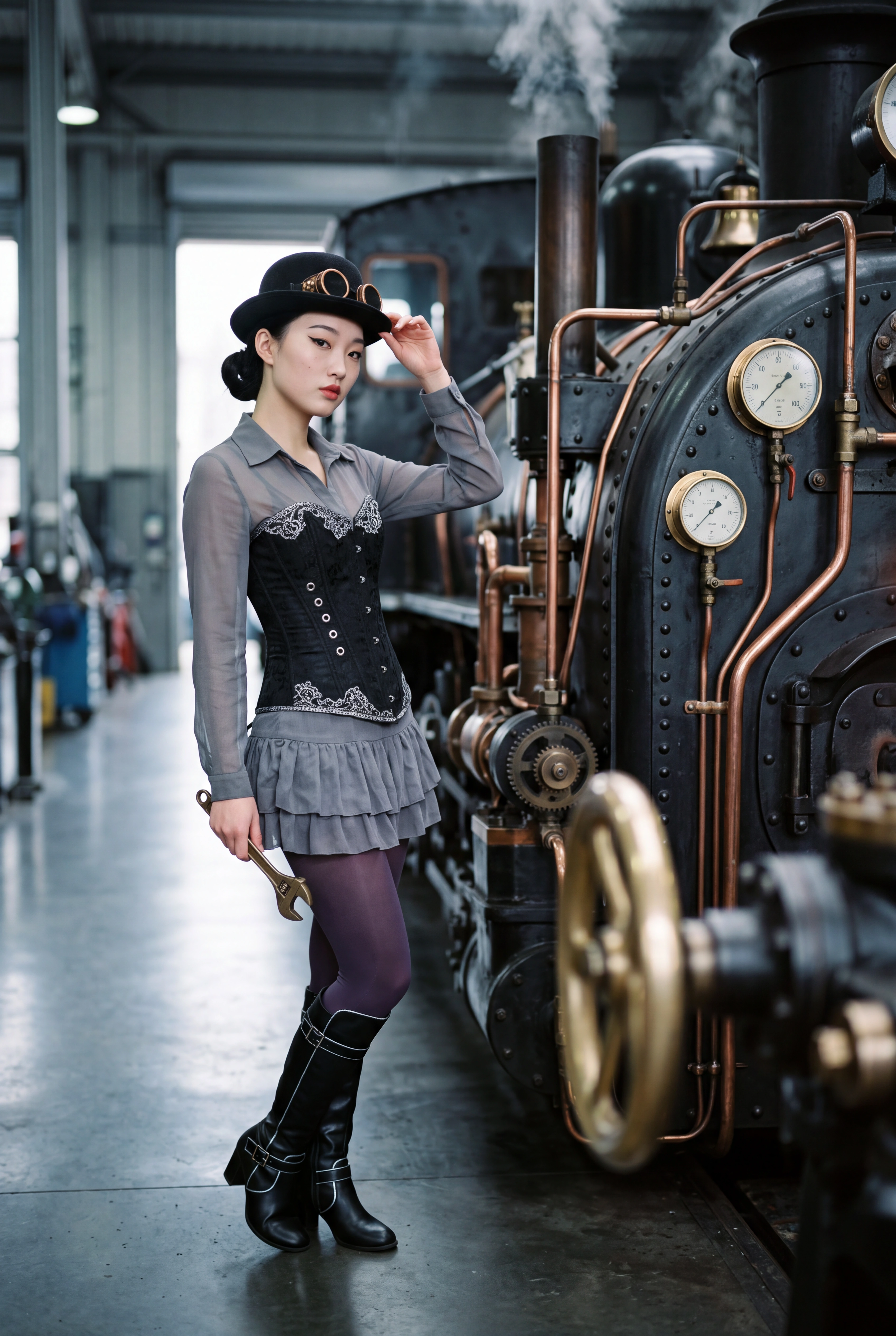 High level description •A full-length fashion editorial photograph of a young Chinese model in steampunk inventor attire posing inside a working locomotive workshop, with a massive brass-and-copper st