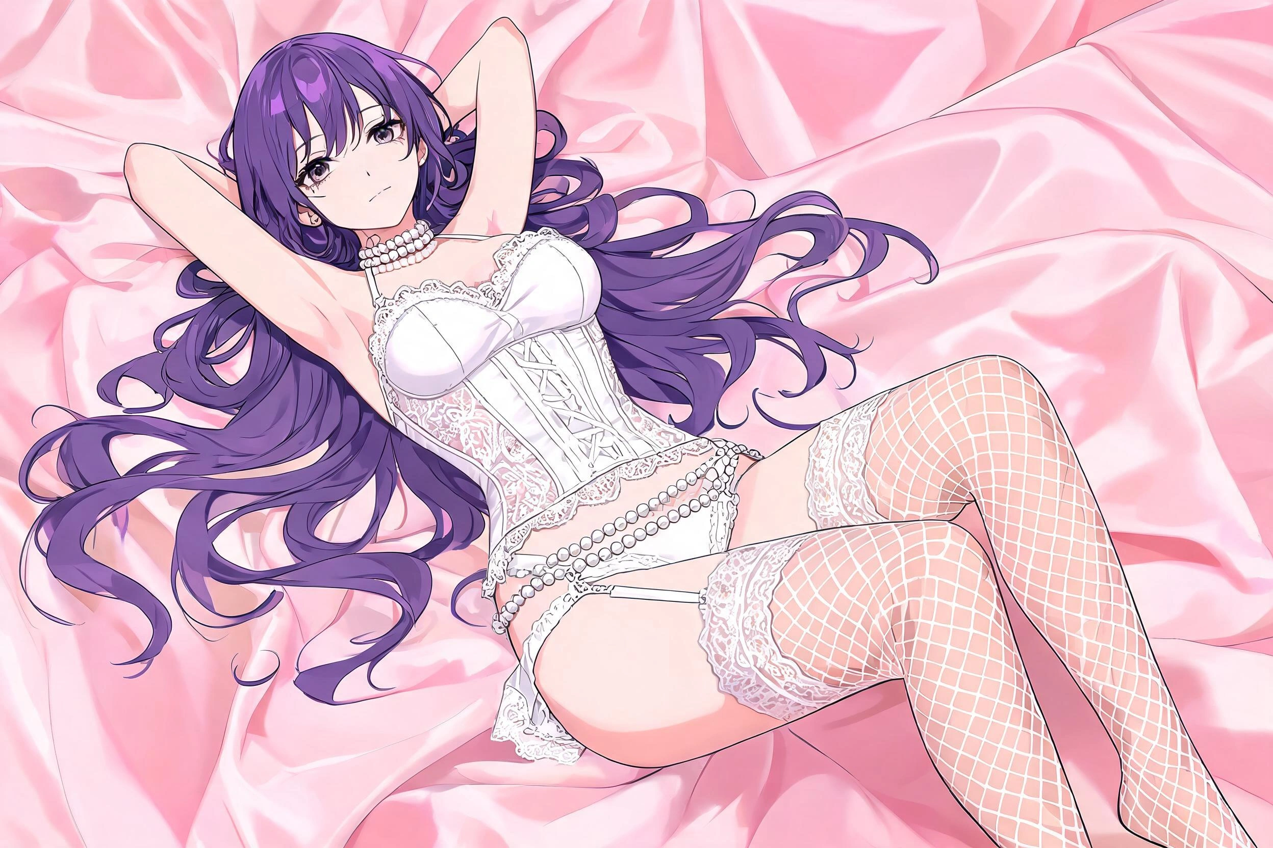 High level description •A full length modern anime style, bold clean outlines, cel shading, detailed image of a busty young Japanese pop idol with porcelain skin, delicate features, and long wavy purp