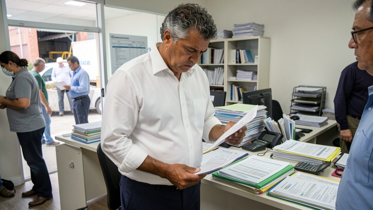 Empresário analisa planilha de custos com preocupação em escritório de PME.
