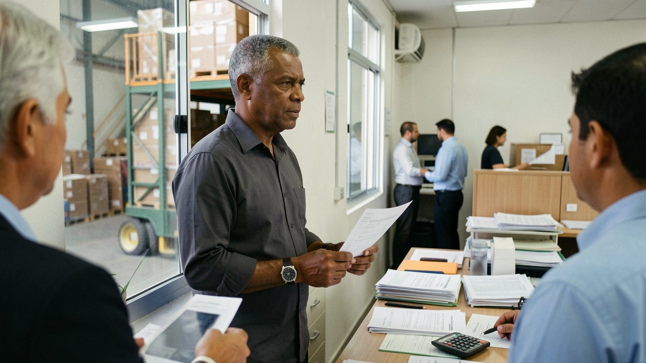 Empresário em pé perto da janela, pensativo, segurando um papel, em momento de decisão.