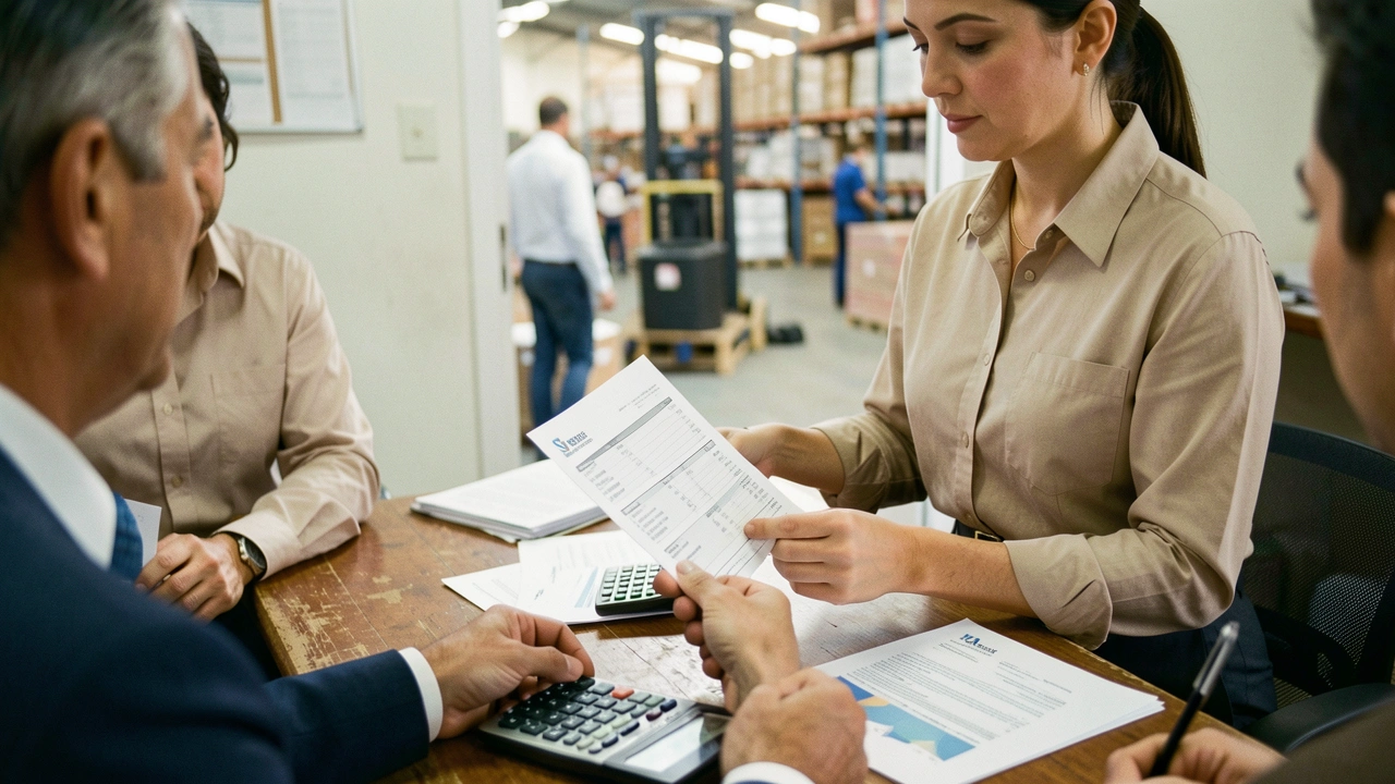 Mãos de empresário seguram nota fiscal e calculadora sobre mesa de escritório.