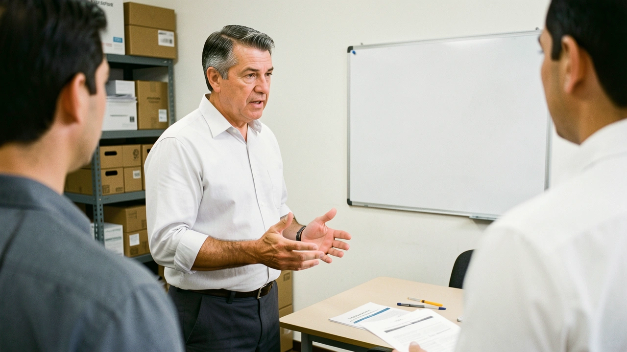 Dono de distribuidora em reunião focada, discutindo pontos com colega.