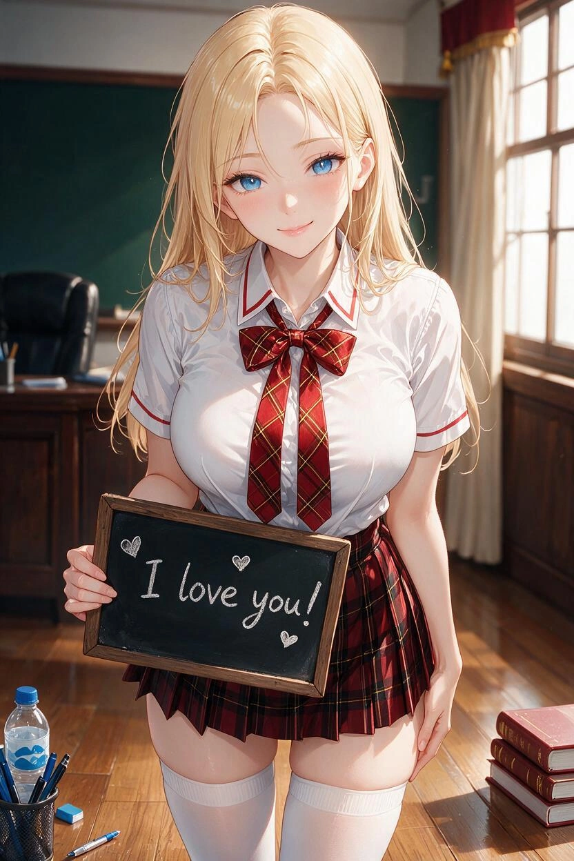 A striking anime style image of a young, beautiful blonde woman with porcelain skin, blue eyes, delicate features, and long blonde hair parted in the middle wearing a sexy schoolgirl uniform. The unif