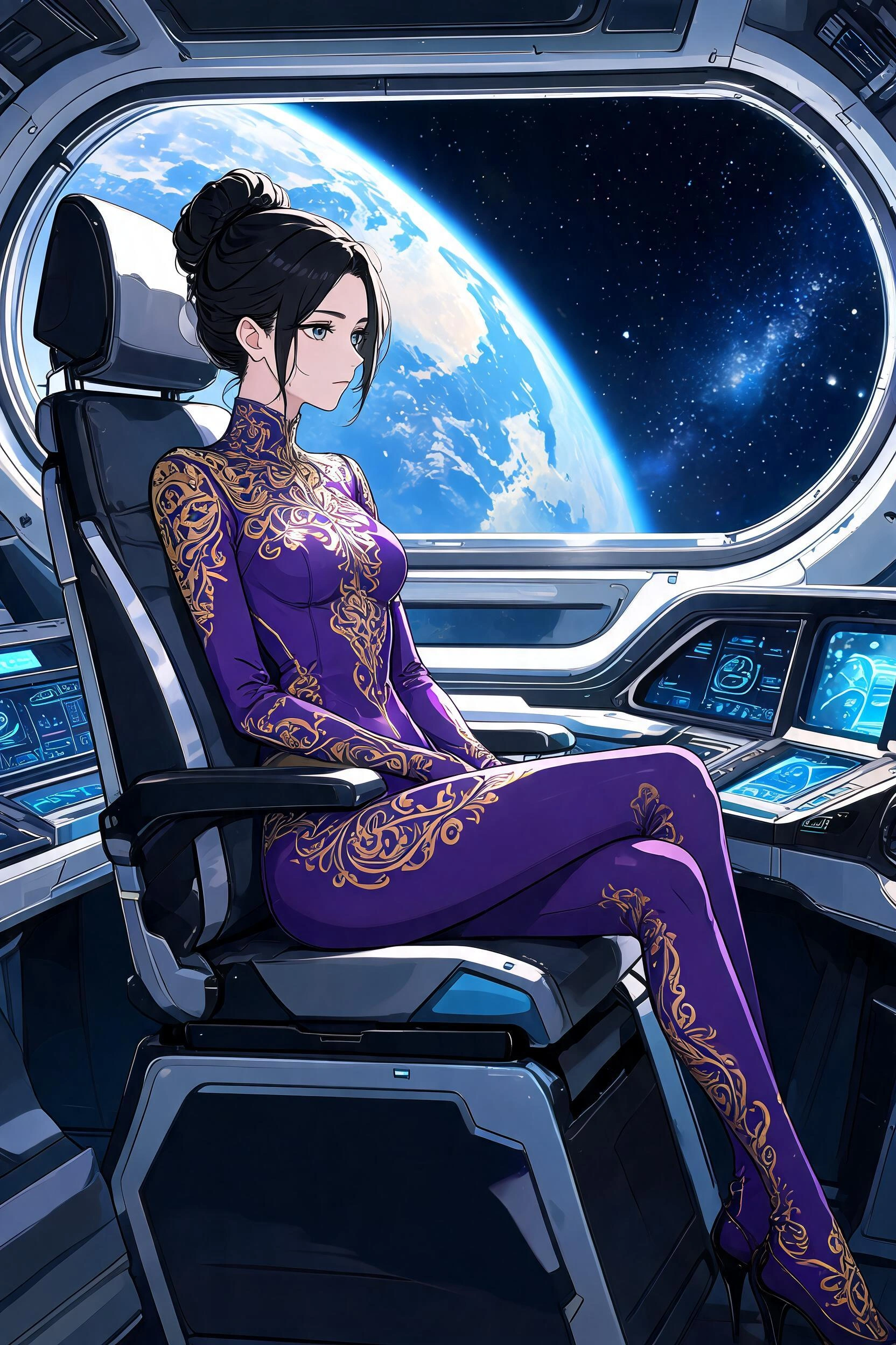 A full length modern anime style, bold clean outlines, cel shading, detailed image of a sophisticated Korean woman sitting inside a high-tech spaceship or futuristic capsule. She has an elegant updo a
