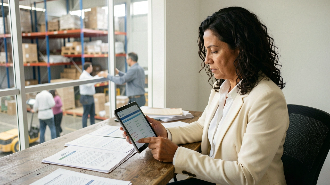 Dono de PME analisa projeção de caixa em tablet em escritório.
