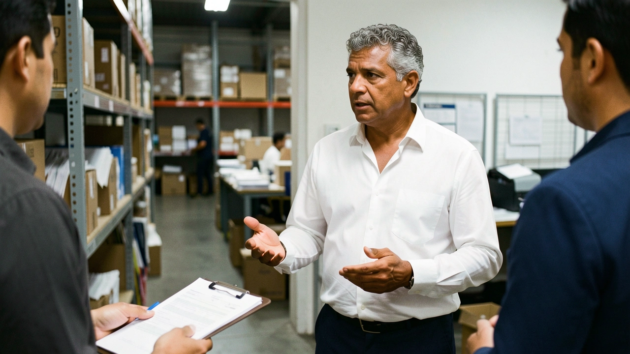 Dono de PME conversa com um membro da equipe em área de reunião próxima à operação.