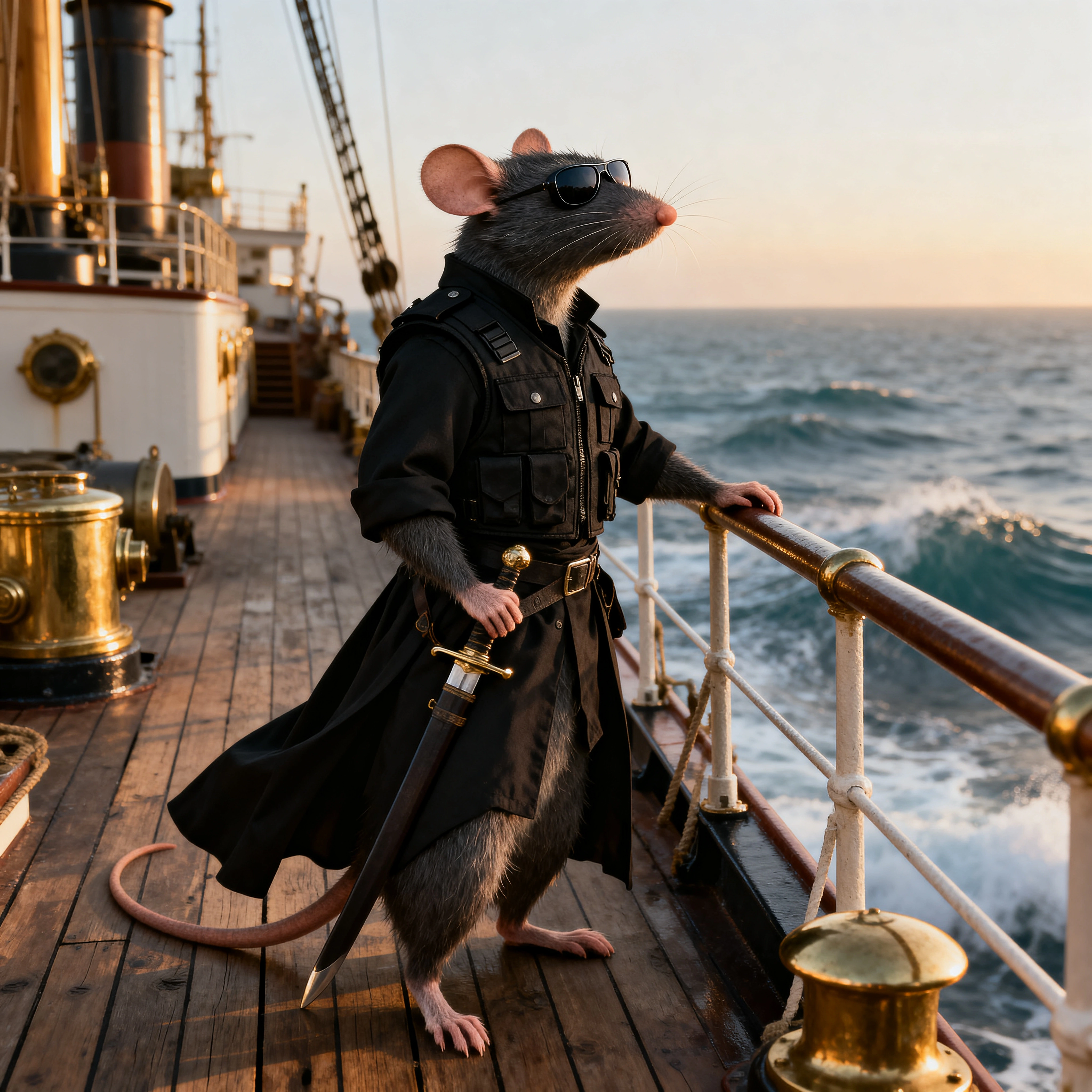 photorealistic, RAW photo, an anthropomorphic rat standing on the wooden deck of a steam ship, wearing a black military style vest, dark sunglasses, a long flowing black coat, and a sheathed sword at 