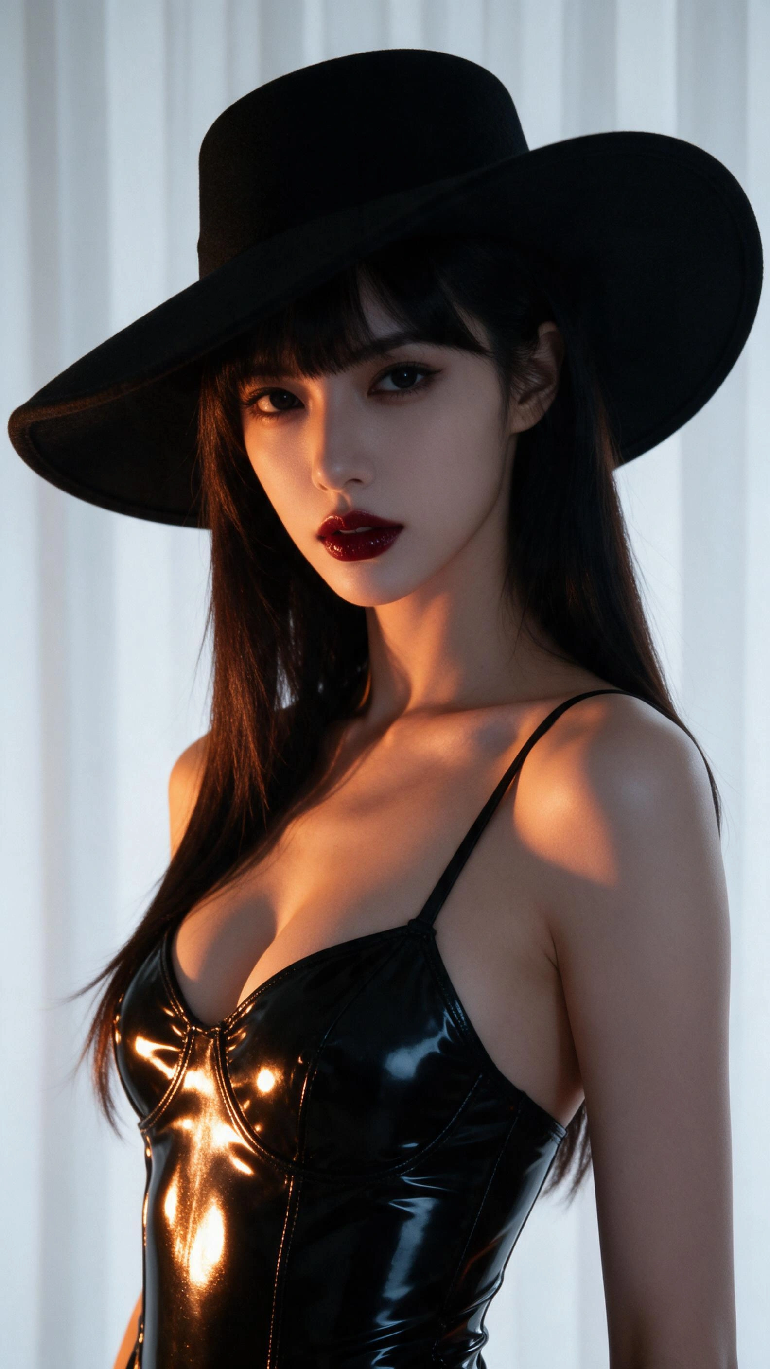 High level description •A portrait of a stunning young Japanese woman with porcelain skin, dark captivating eyes, delicate features, and long dark hair with bangs, wearing a black wide-brimmed hat and