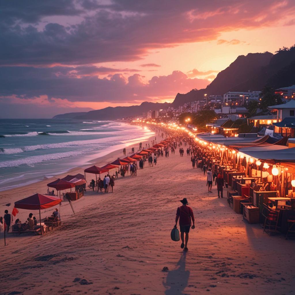 Traveller walking through a busy Asian night market contrasted with an empty tropical beach at sunrise