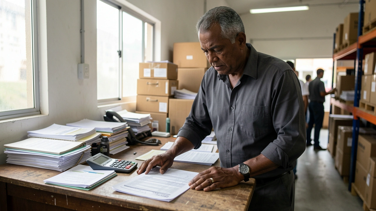 Empresário analisa relatório financeiro em escritório de distribuidora, com foco e preocupação.