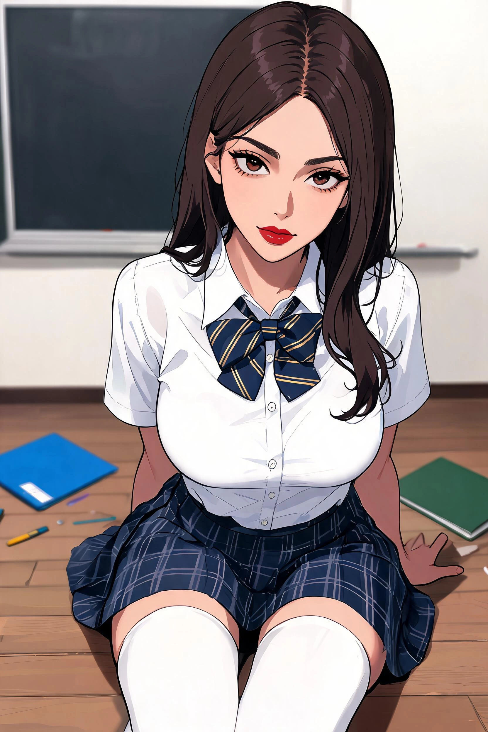 High level description •A full length modern anime style, bold clean outlines, cel shading, detailed image of a young japanese with long dark hair wearing a white school uniform shirt with a navy blue