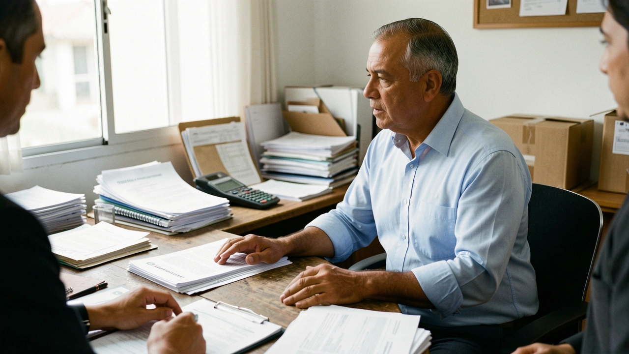 Empresário conversa sobre documentos em sua mesa de escritório.