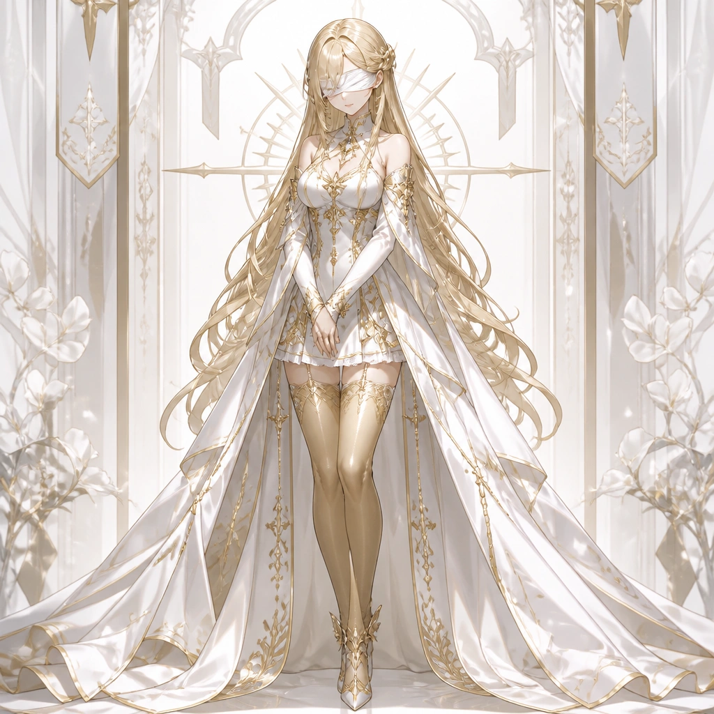 An image of a stylish fantasy character, 2D anime, very fashionable. A young woman cleric with beautiful blond hair and two long bangs over the white pure cloth she wears over her eyes. She wears a sh