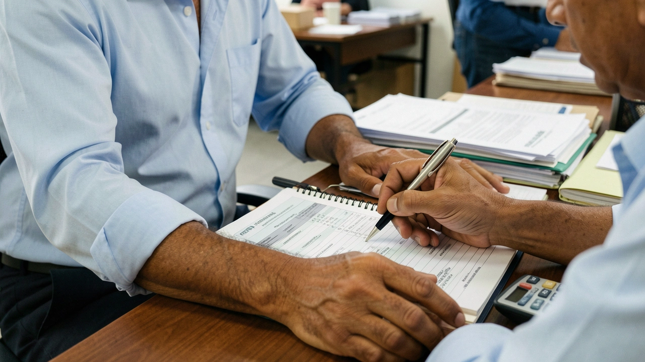 Mãos de empresário apontam para dados financeiros em documento.