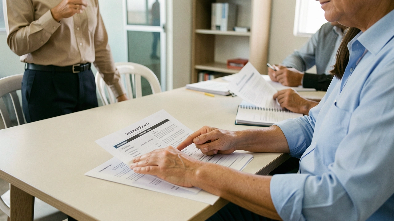 Mãos de empresário apontam para relatório de indicadores de desempenho em mesa de reunião.