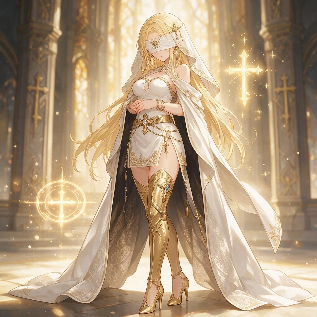 An image of a stylish fantasy character, 2D anime, very fashionable. A young woman cleric with beautiful blond hair and two long bangs over the white pure cloth she wears over her eyes. She wears a sh