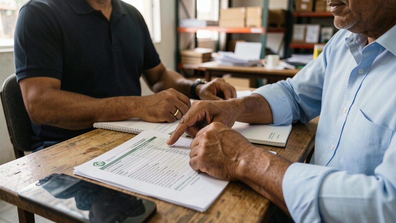 Mãos de empresário apontam para detalhes em documento financeiro.
