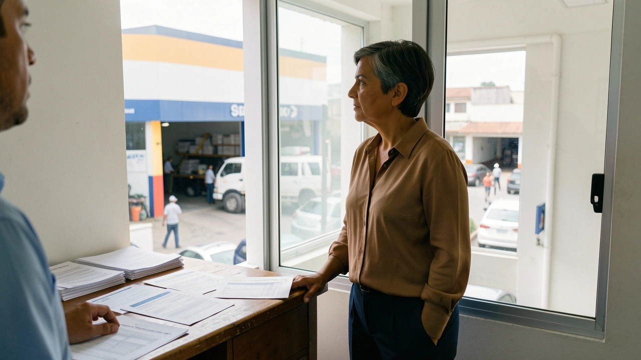 Empresário em escritório de PME reflete sobre o desempenho da empresa.