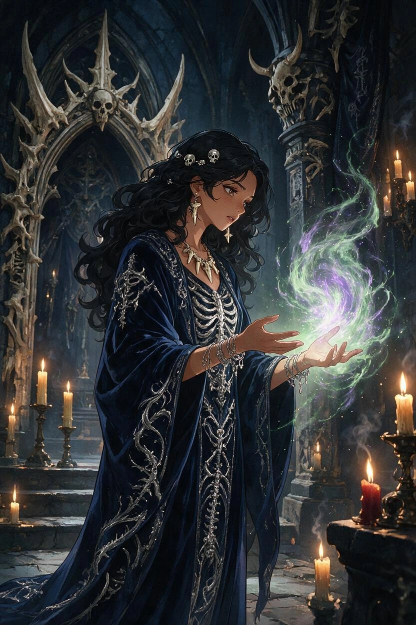 A modern anime style detailed image of a beautiful young Latina necromancer wearing ornate midnight-blue flowing robes embroidered with intricate silver skeletal motifs and bone jewelry. Her dark eyes