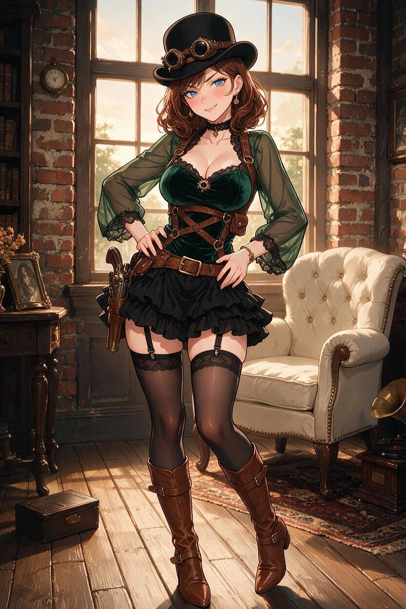 A full length modern anime style, bold clean outlines, cel shading, detailed image of a young stunning and busty brunette woman with porcelain skin, blue eyes, delicate features, and shoulder length c