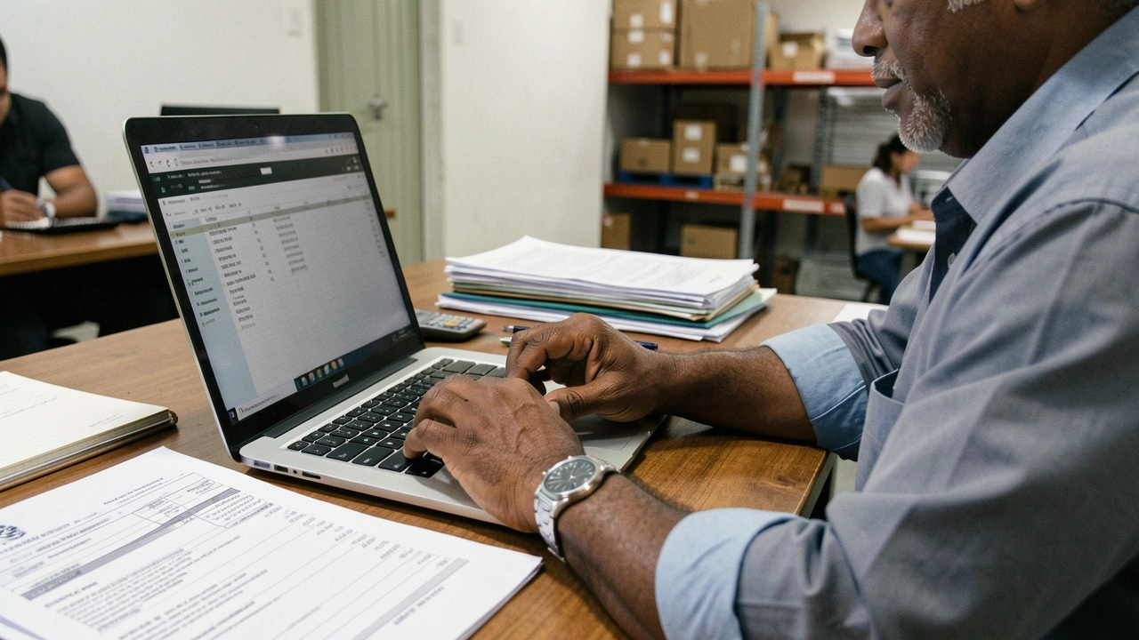 Mãos de gestor escrevendo em planilha financeira no laptop, detalhe de análise.