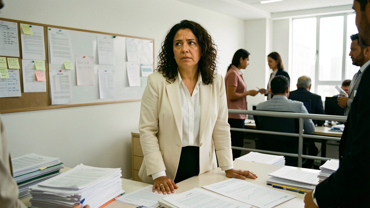 Empresário em escritório sobrecarregado de ideias não executadas.