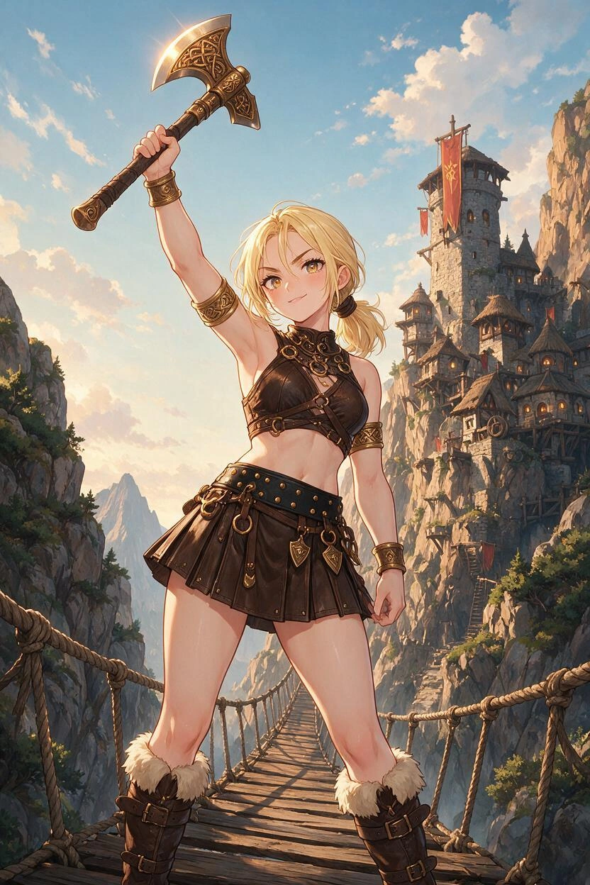 A modern anime style detailed image of a beautiful young blonde woman with her hair pulled back in a loose ponytail, showcasing her large, expressive hazel eyes and confident gaze. She wears a sleevel