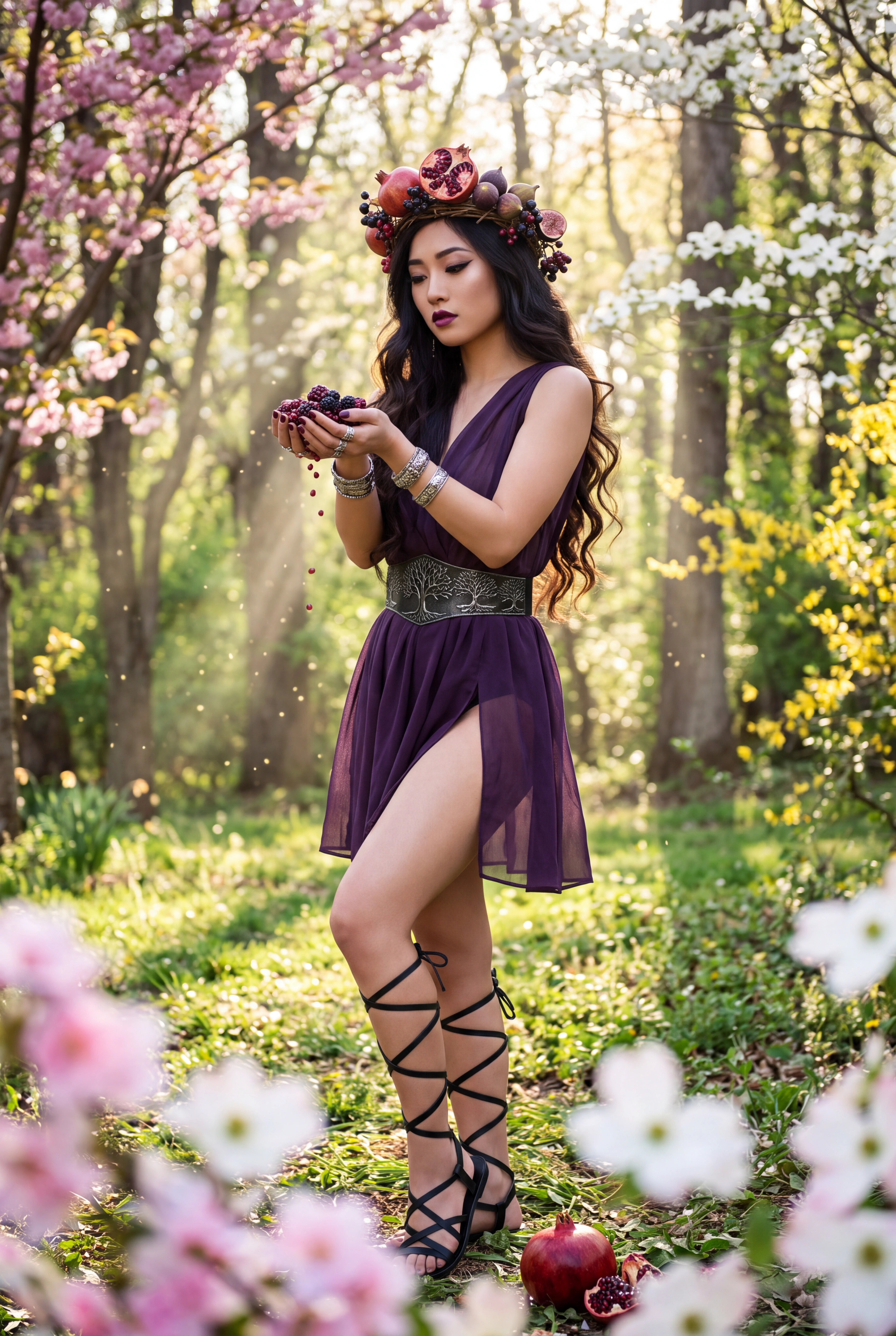 High level description

    •A full-length editorial fashion photograph of a young Asian woman styled as Persephone standing in a sun-dappled spring forest clearing, wearing a sheer dark purple Greek-