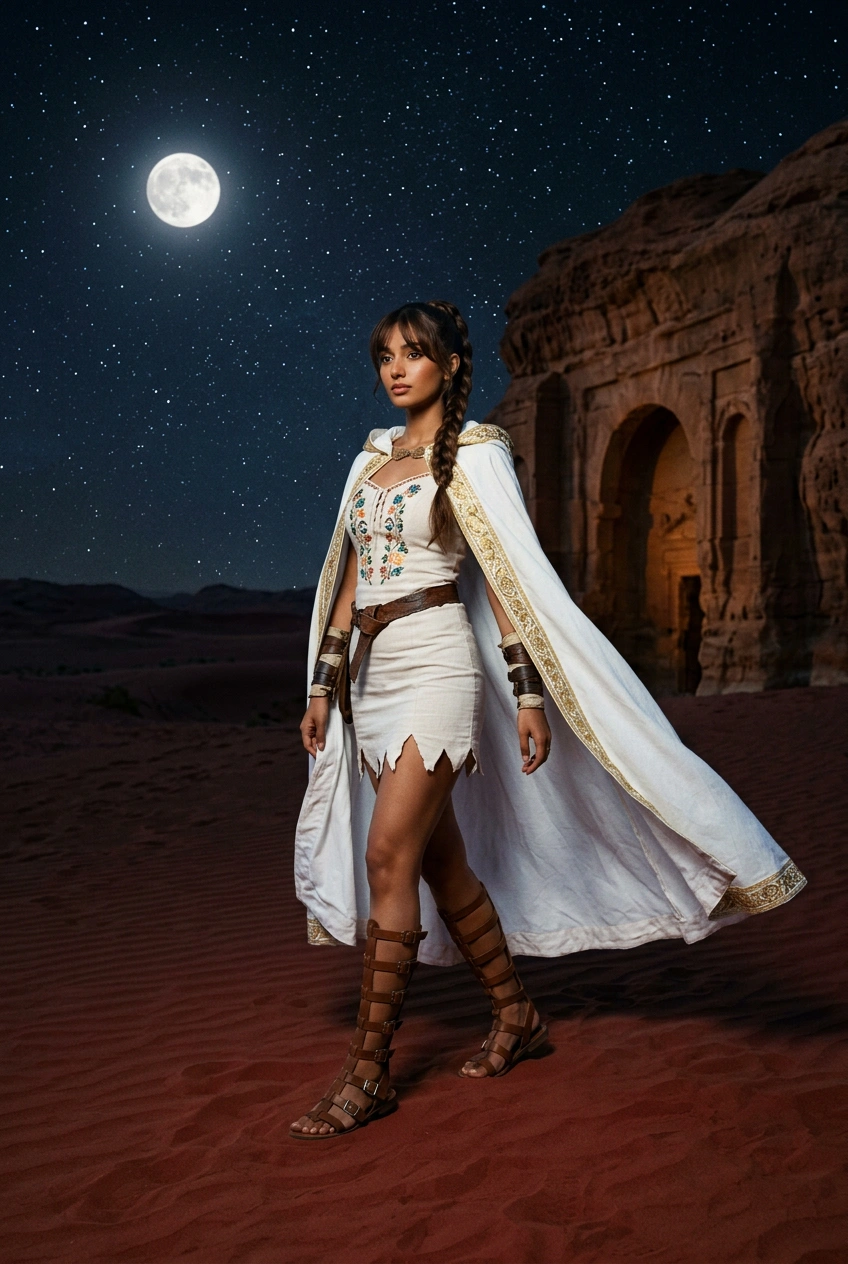 A full body fashion photo of a young, beautiful Pakistani model with bronze skin, delicate features, and long dark hair styled in a braided ponytail with bangs wearing tight sexy medieval fantasy outf