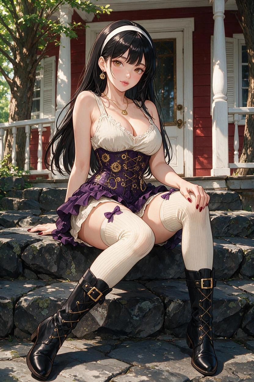 A full length modern anime style, bold clean outlines, cel shading, detailed image of a beautiful busty young taiwanese woman with porcelain skin, light brown eyes, delicate features, and long dark lu