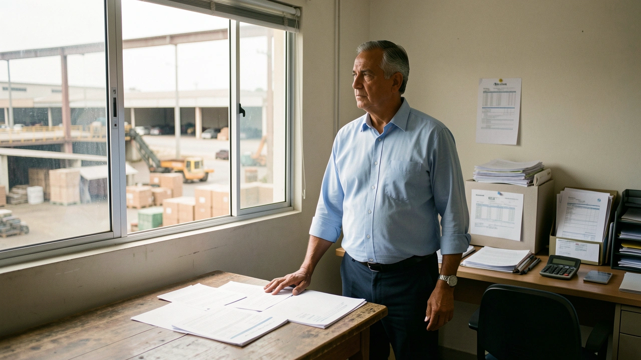 Empresário observa a operação da empresa com semblante pensativo.