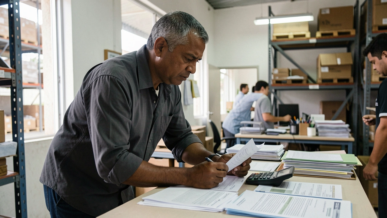 Gestor financeiro analisa extrato bancário com ar de preocupação em mesa de escritório.