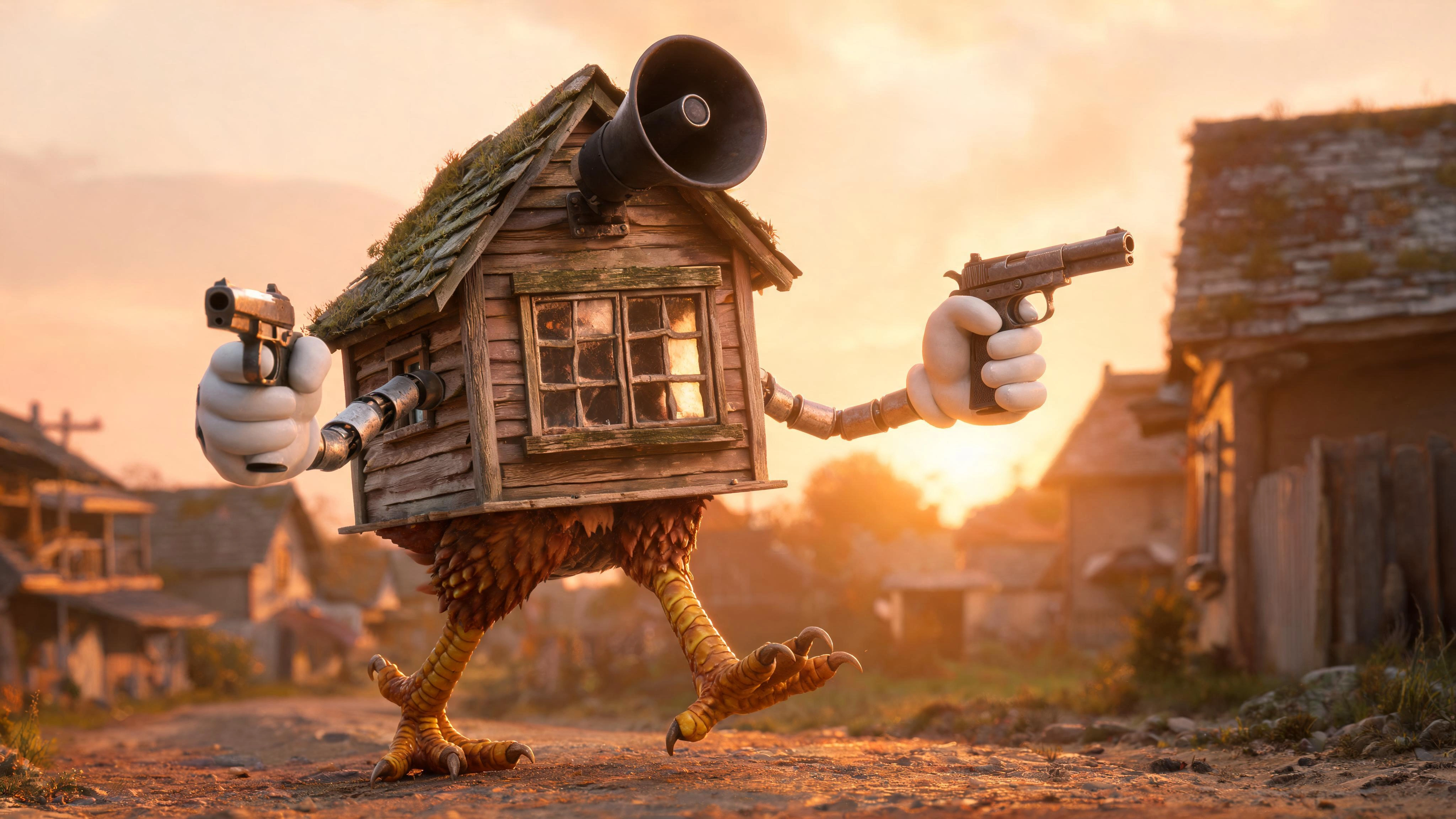 photorealistic, RAW photo, a folk-tale walking cottage on two giant scaly chicken legs mid-stride on a dirt village road, tube-like articulated metal arms ending in oversized white gloves dual-wieldin