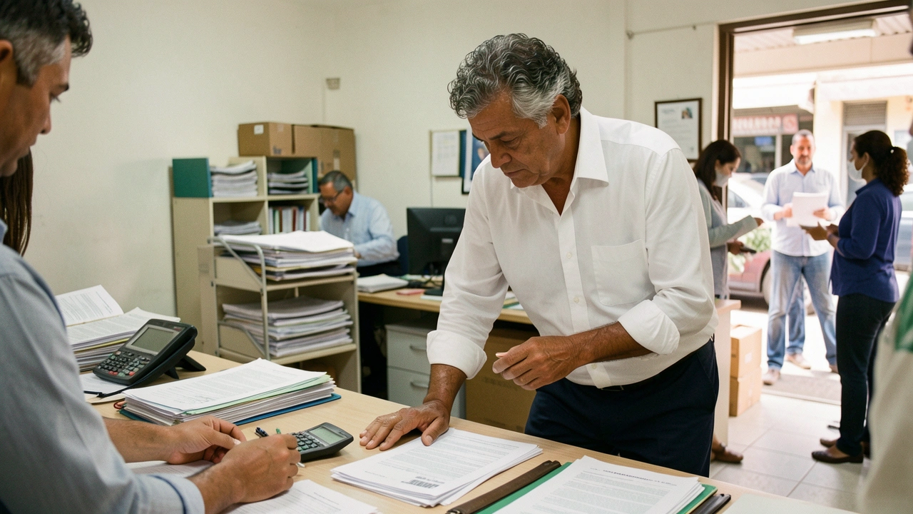 Gestor de PME analisa pilhas de documentos em sua mesa.