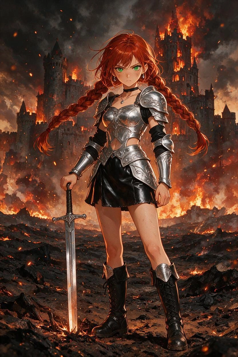A modern anime style detailed image of a resolute young redhead warrior with fiery auburn hair braided into twin pigtails and piercing emerald eyes that lock intensely with the viewer. She stands pois