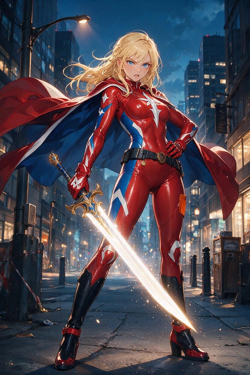 A full body striking modern anime style detailed image of a hot blonde woman in a tight red superhero costume with blue and white accents. There is a stylized white sword on the front of the costume. 