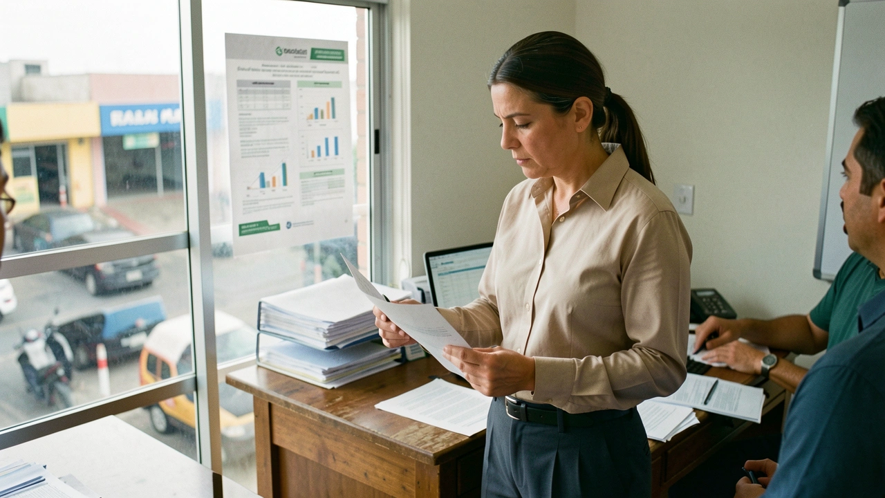 Empresário brasileiro analisa relatório financeiro em escritório de PME, com expressão de preocupação.