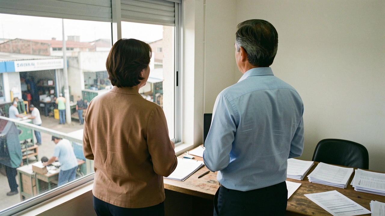 Empresário observa a operação da empresa de um mezanino.