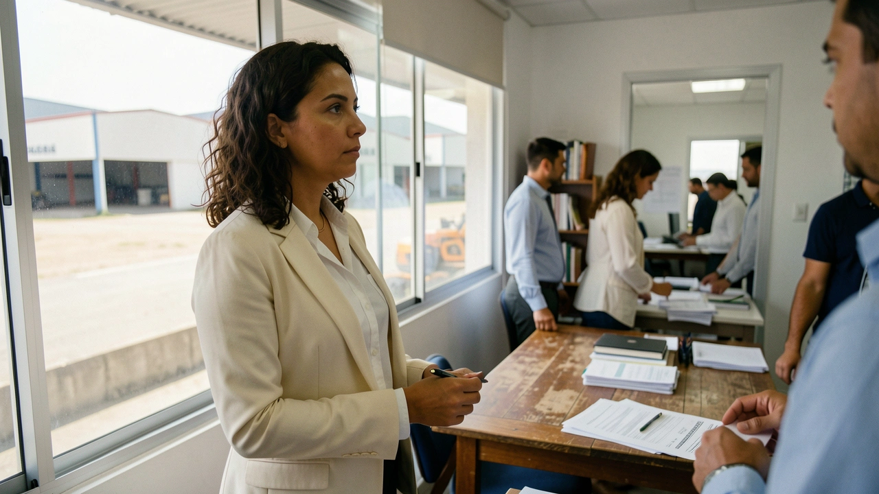 Empresário observa a operação da empresa com expressão pensativa.