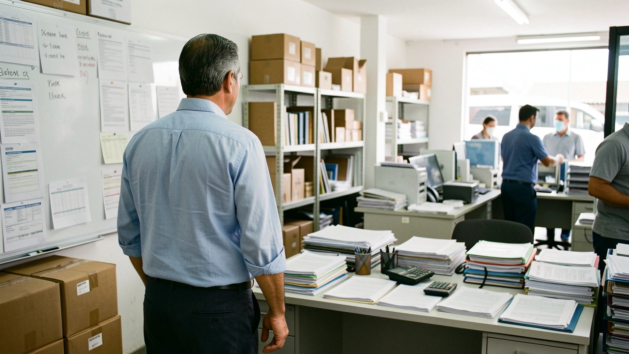 Empresário observa anotações em um quadro em escritório bagunçado, indicando um desafio operacional.