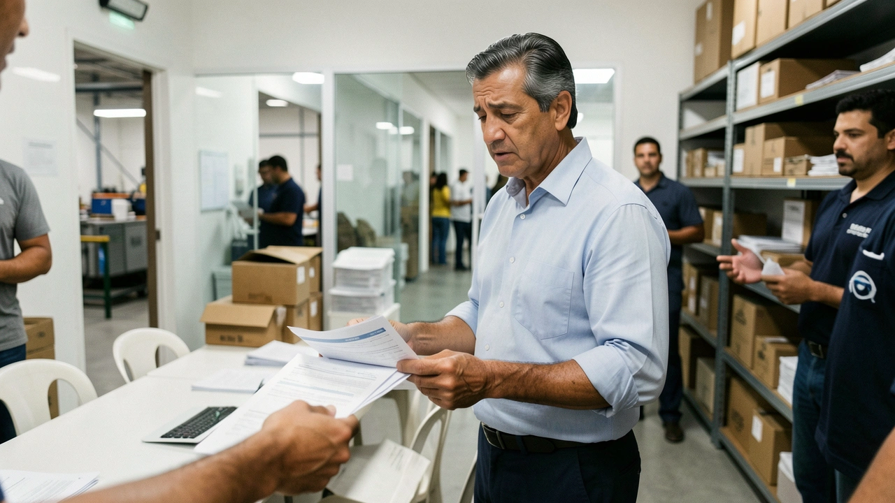 Mãos de dono de PME segurando pilhas de contas e recibos, expressando preocupação.