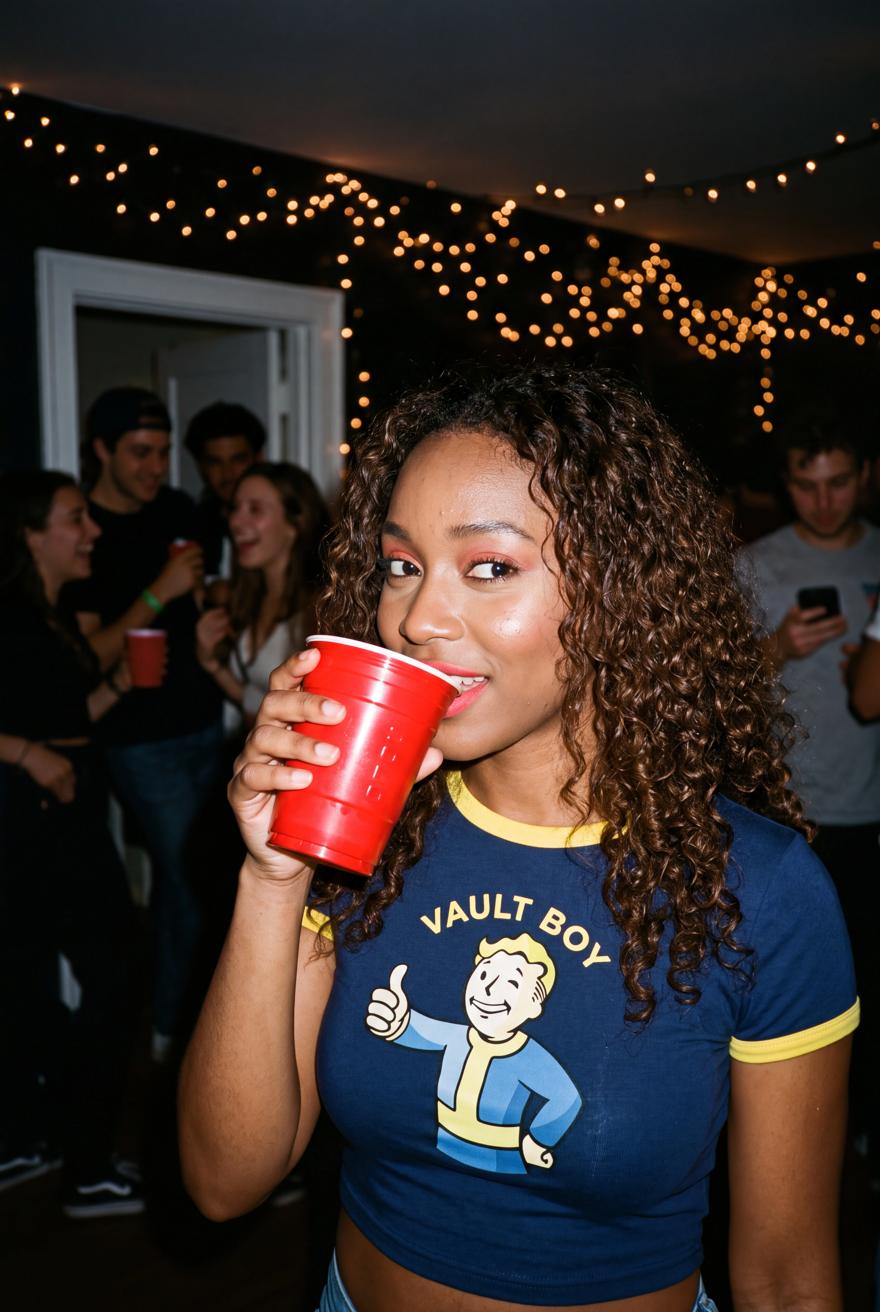 High level description

    •A flash-lit close-up of a young Black American woman at a dim house party, side-eyeing the camera mid-sip from a red Solo cup, wearing a Vault Boy crop top, with out-of-fo