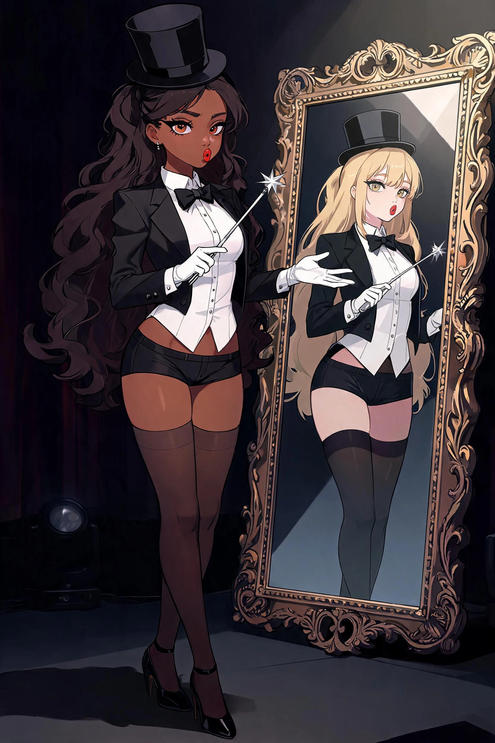 A full length modern anime style, bold clean outlines, cel shading, detailed image of a beautiful young black woman with caramel skin, delicate features, and her long dark lustrous hair style in curls