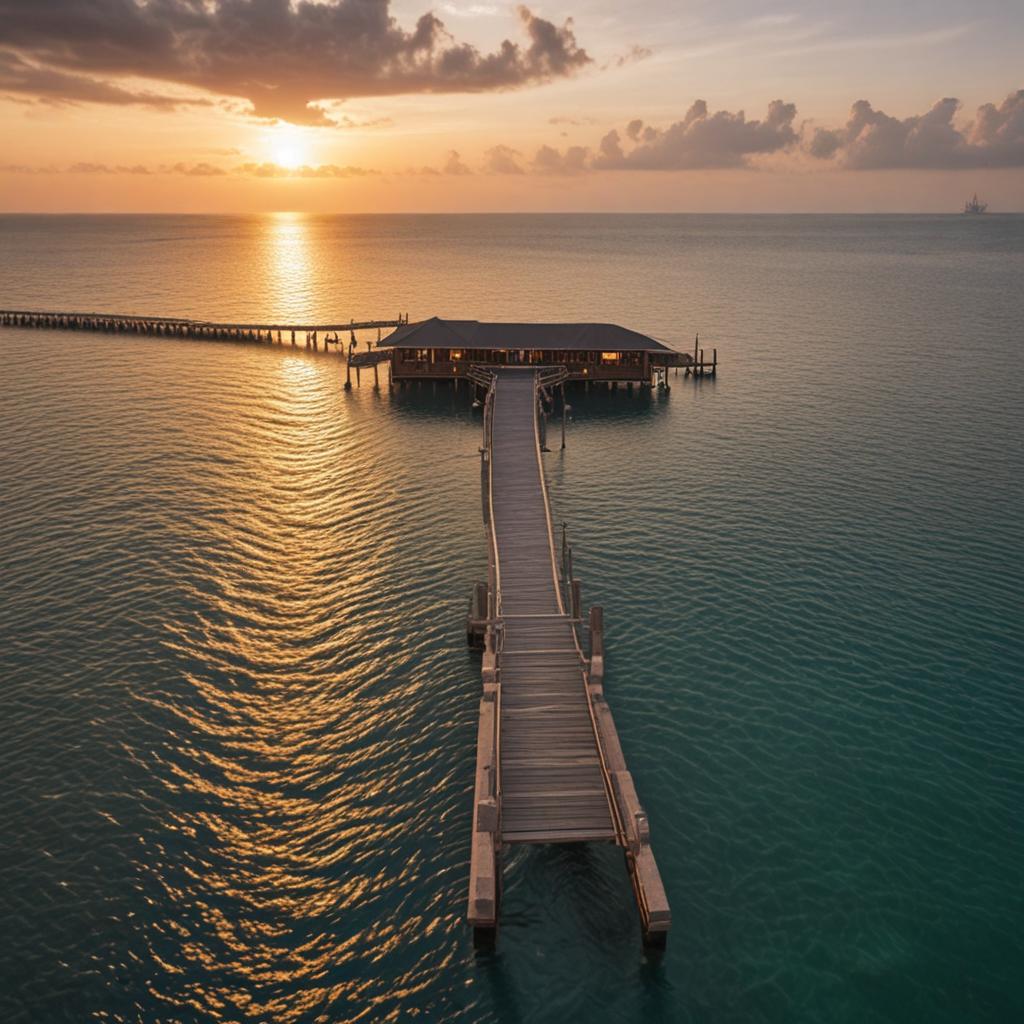 Aerial view of a Maldives overwater villa jetty at golden hour with the Dubai skyline faintly visible on the horizon
